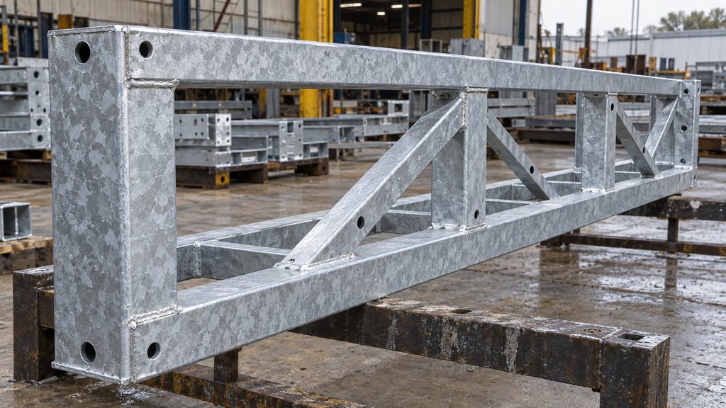 Hot-dip galvanised steel frame with vent and drainage holes in hollow sections